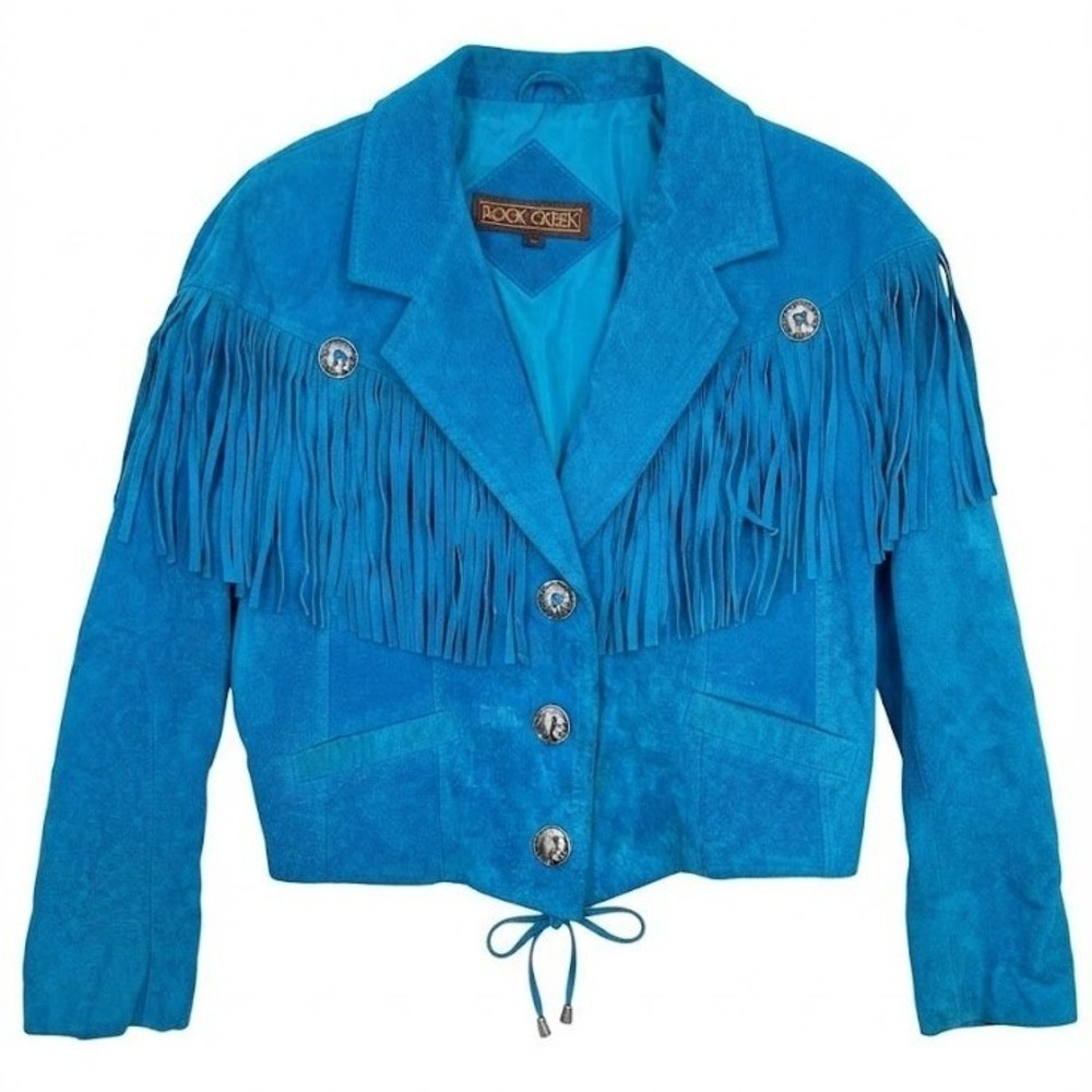 Rock Creek Blue Leather Fringe Western Jacket Concho Indian Buttons Large